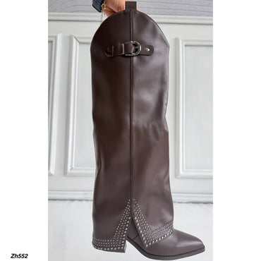 Bota texana café doblez apliques plomo tacon 8cm   HX2997-B9926