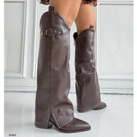 Bota texana café doblez apliques plomo tacon 8cm   HX2997-B9926