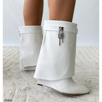 Botin blanco doblez textura detalle plateado tacon corrido 9cm   HX2697-C1808A