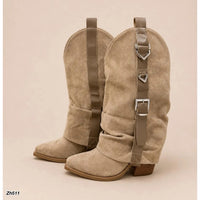 Bota texana beige doblez detalle correa tacon 9cm  A9852   C-160