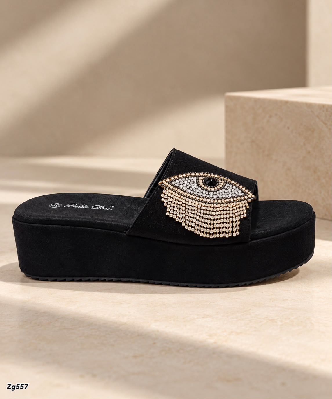 Sandalia negro aplique suela 6cm  W265  C-92