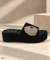 Sandalia negro aplique suela 6cm  W265  C-92