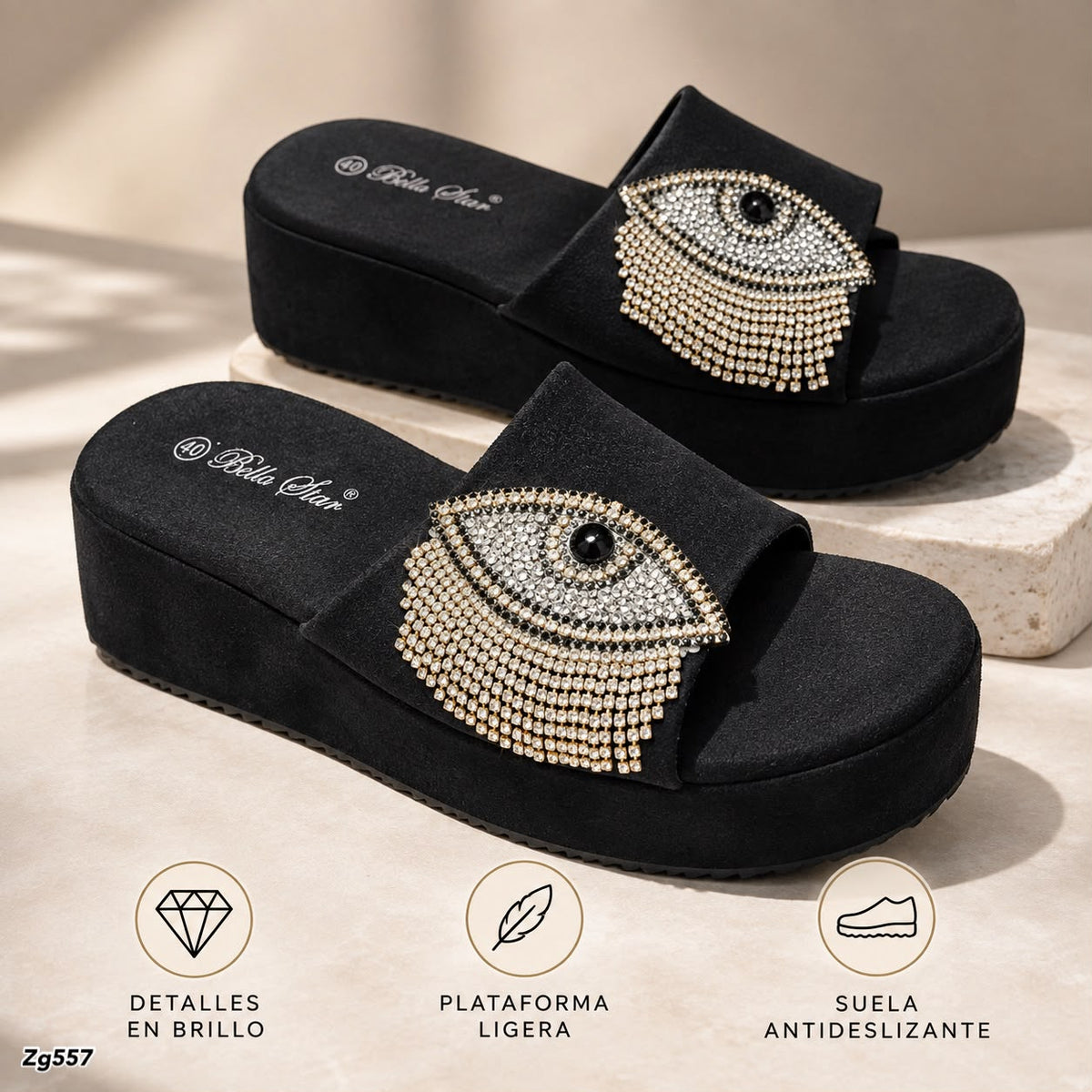 Sandalia negro aplique suela 6cm  W265  C-92
