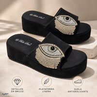 Sandalia negro aplique suela 6cm  W265  C-92