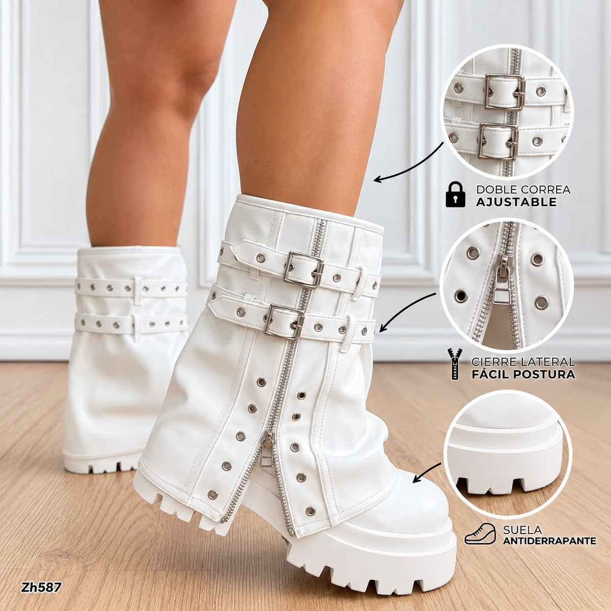 Botin blanco doblez detalle cierre y correa plateado suela 7cm  HX3167-B9572