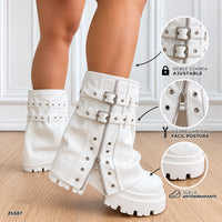 Botin blanco doblez detalle cierre y correa plateado suela 7cm  HX3167-B9572