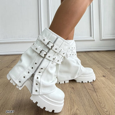 Botin blanco doblez detalle cierre y correa plateado suela 7cm  HX3167-B9572