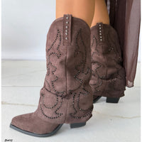 Bota texana café doblez apliques negro y plomo tacon 9cm  A9982  C-140