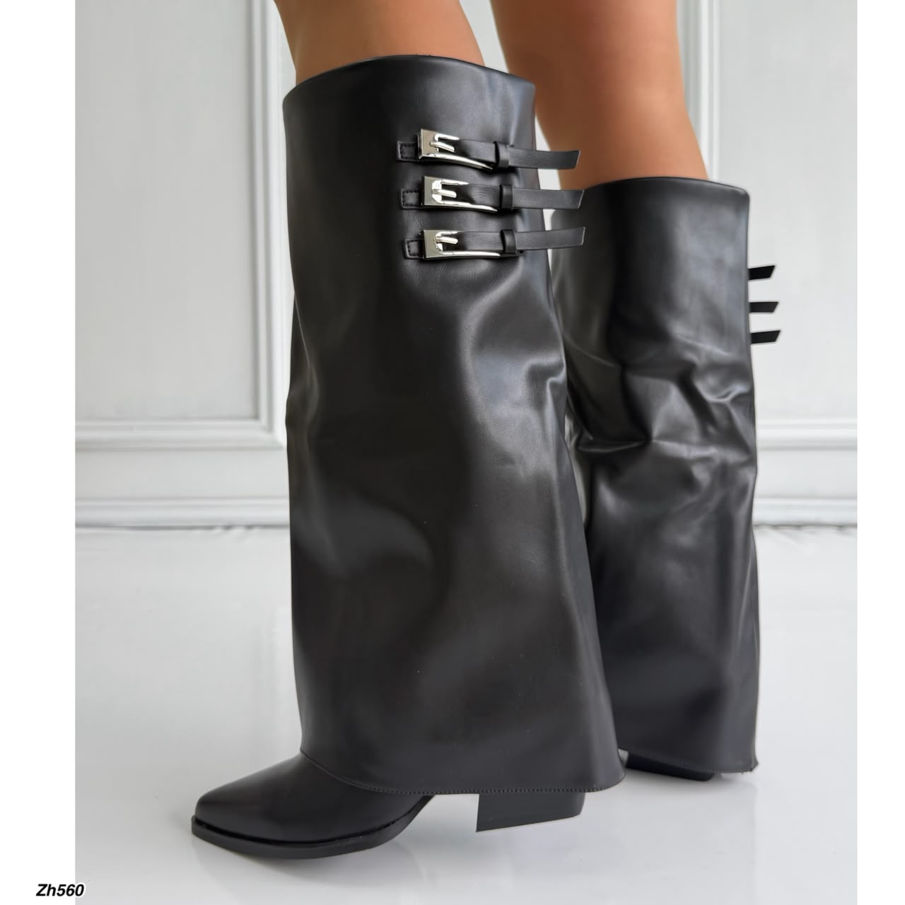 Bota texana negro doblez detalles plateado tacon 8cm   HX3108-B0208