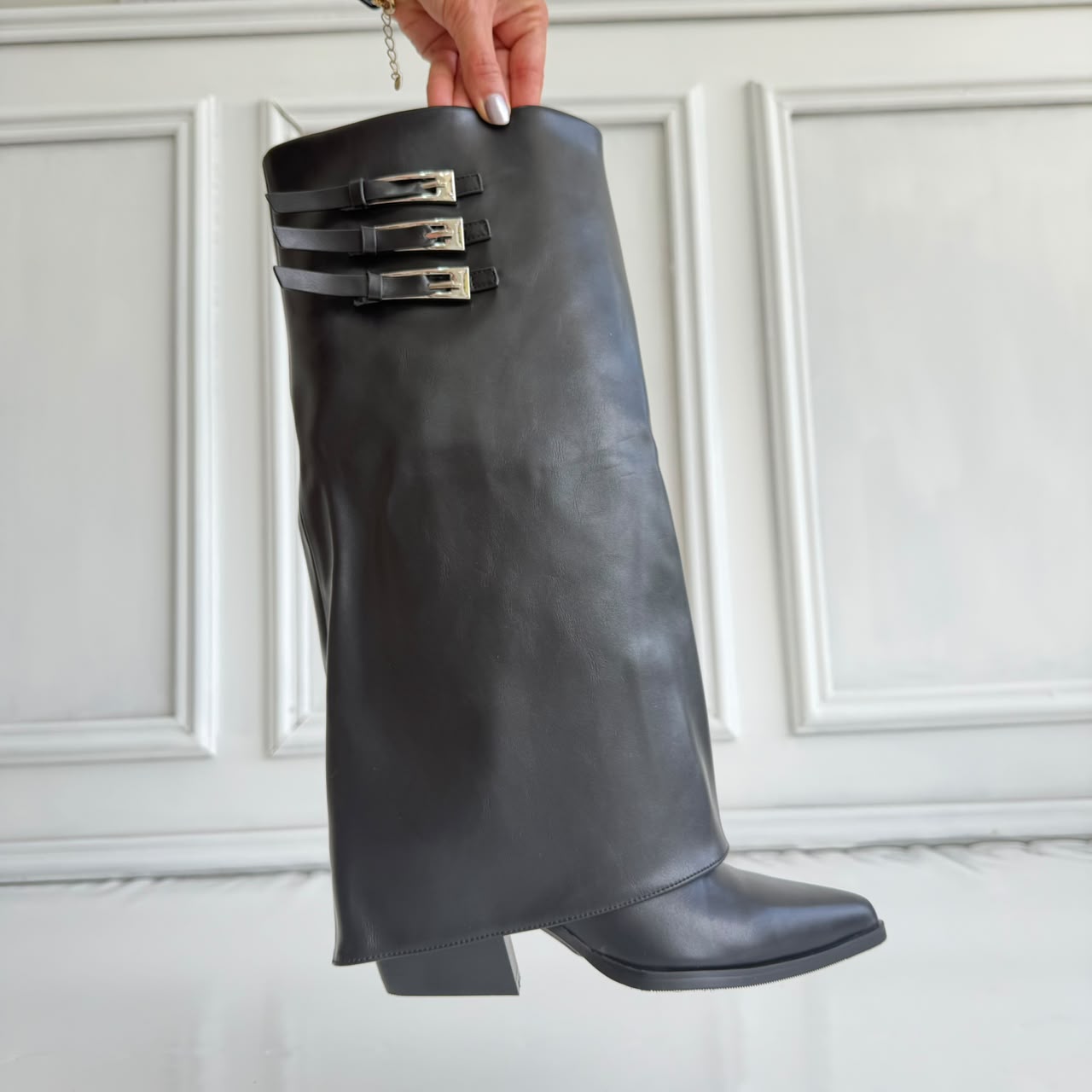 Bota texana negro doblez detalles plateado tacon 8cm   HX3108-B0208