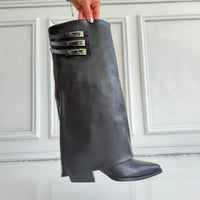 Bota texana negro doblez detalles plateado tacon 8cm   HX3108-B0208