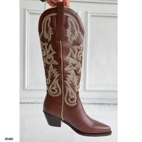 Bota texana café detalle beige tacon 6cm  HX3168-B0209