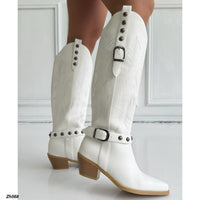 Bota texana blanco detalle correa y apliques plomo  tacon 6cm  HX3168-C1776