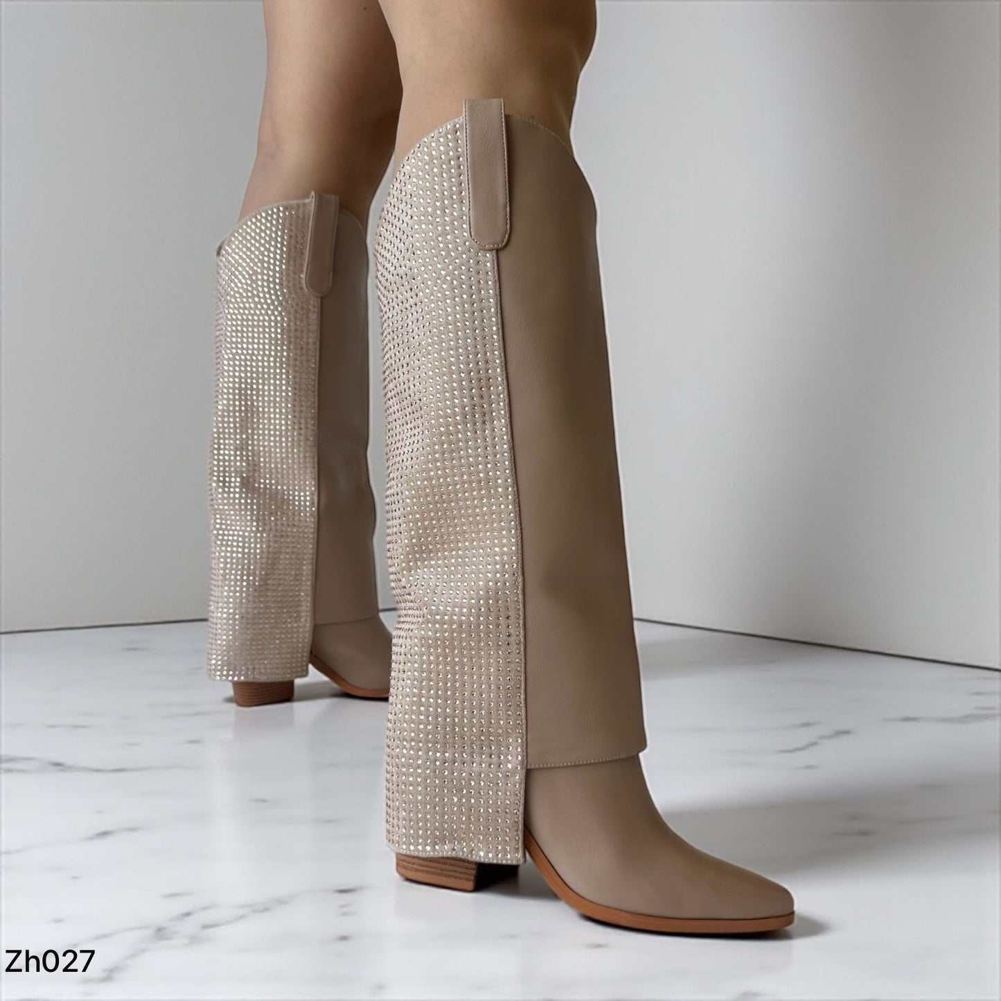Bota texana beige doblez apliques brillantes palo rosa tacon 10cm  255-100