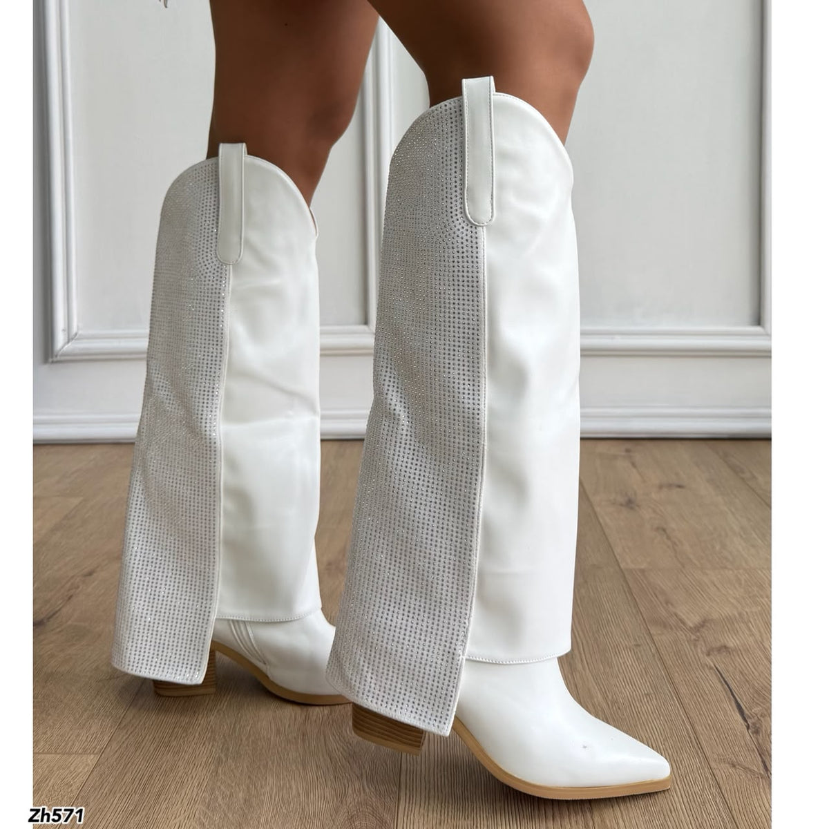 Bota texana blanco doblez apliques brillante tacon 8cm   HX3191-B0060