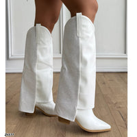 Bota texana blanco doblez apliques brillante tacon 8cm   HX3191-B0060
