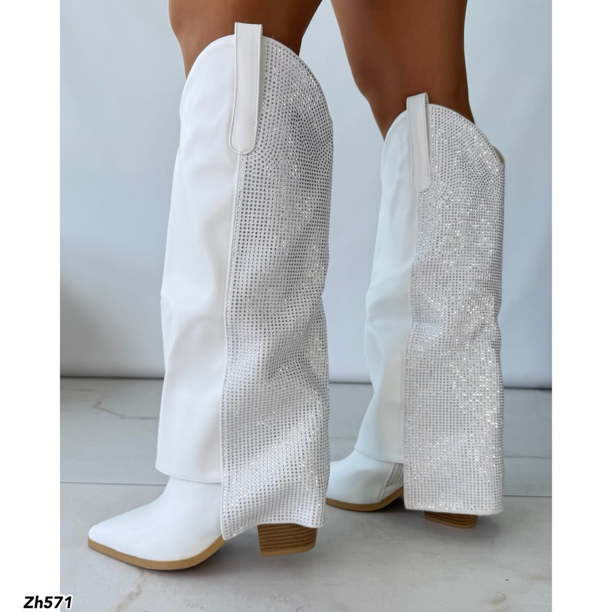Bota texana blanco doblez apliques brillante tacon 8cm   HX3191-B0060