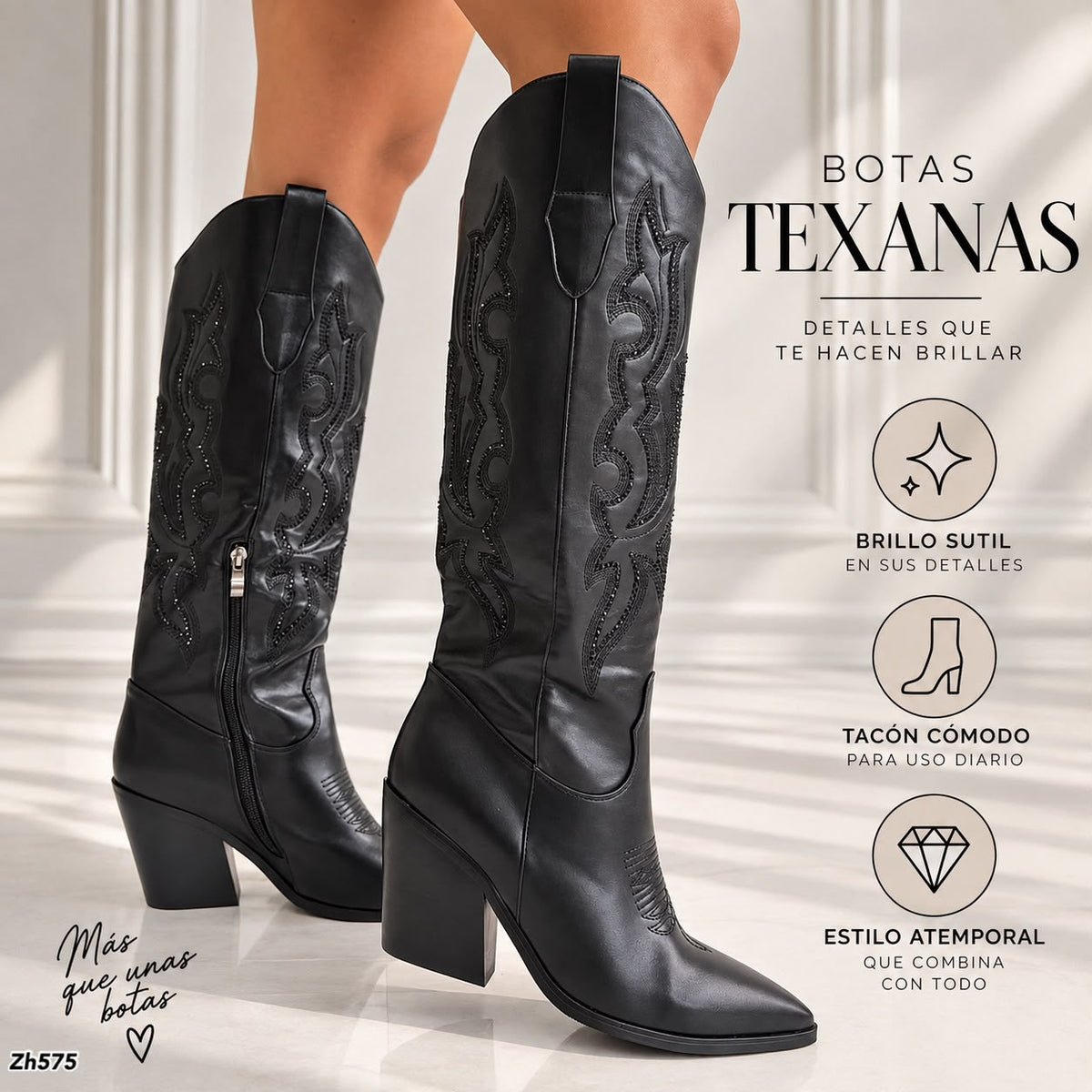 Bota texana negro apliques brillante tacon 9cm   HX3371-C1805