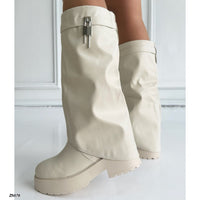 Bota caña alta beige doblez detalle plateado suela 5cm  HX3375-C1798