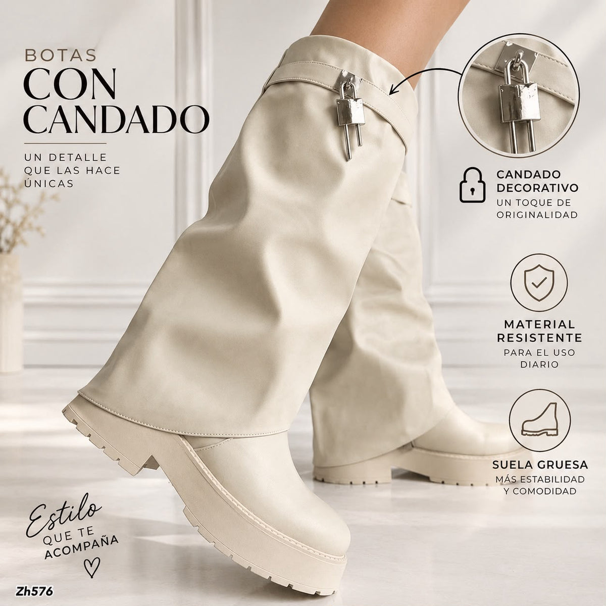 Bota caña alta beige doblez detalle plateado suela 5cm  HX3375-C1798