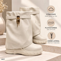 Bota beige doblez detalle dorado tacon corrido 8cm  HX3090-C1099