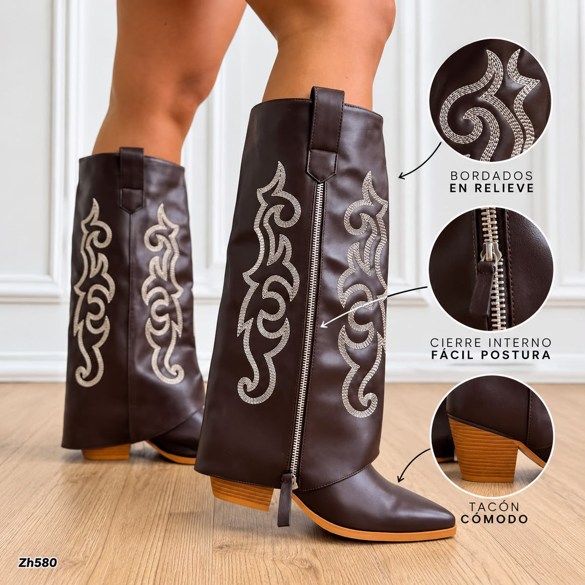 Bota texana café doblez detalles y cierre plateado tacon 6cm  HX3325-C1797