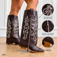 Bota texana café doblez detalles y cierre plateado tacon 6cm  HX3325-C1797