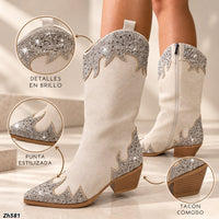 Bota texana beige apliques plateado brillante tacon 6cm  HX3325-C1794