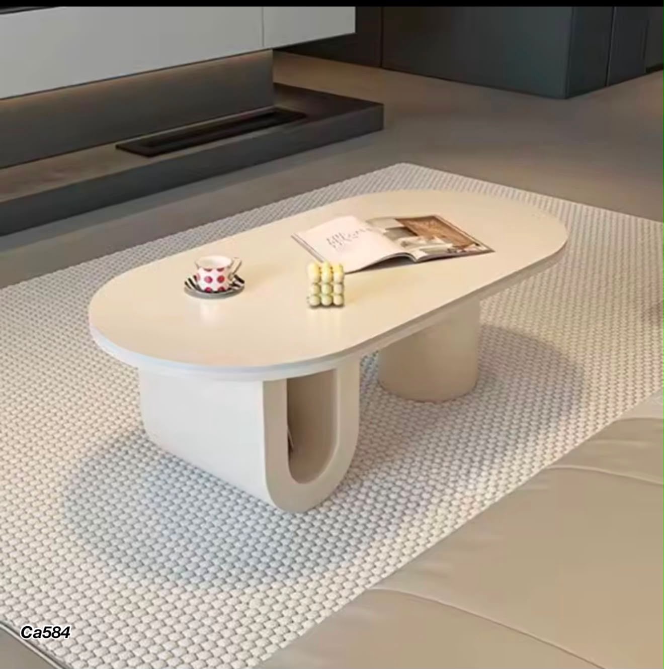 Mesa de centro piedra blanco base metal blanco  120cm* 60cm* 40cm