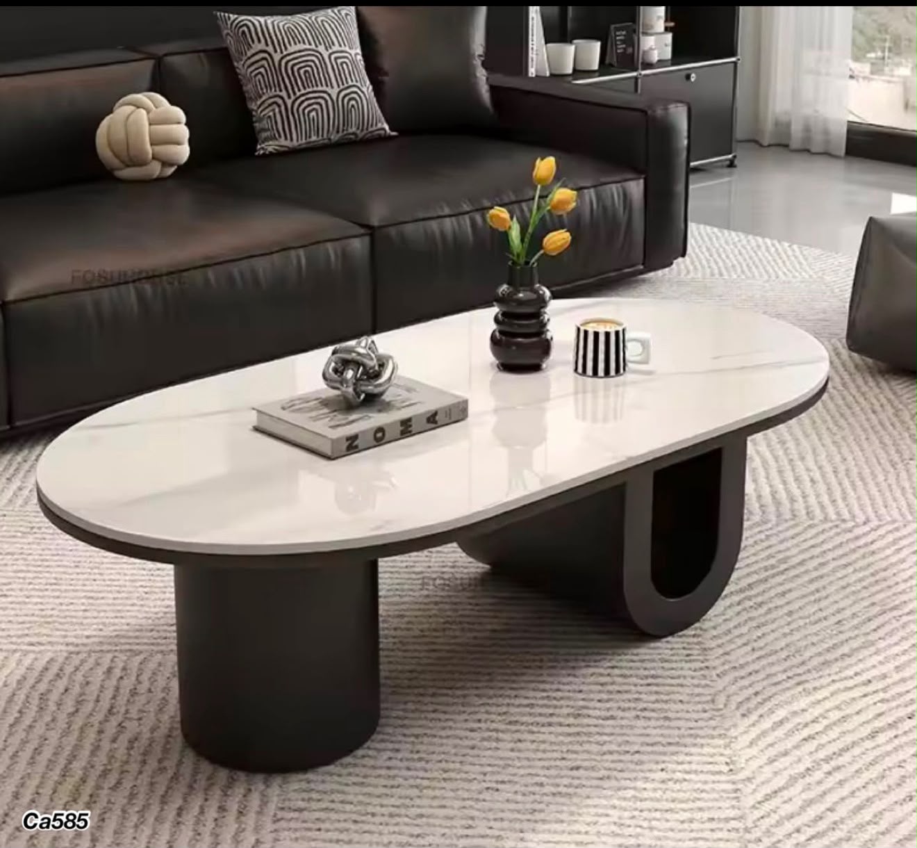 Mesa de centro piedra blanco base metal negro  120cm* 60cm* 40cm