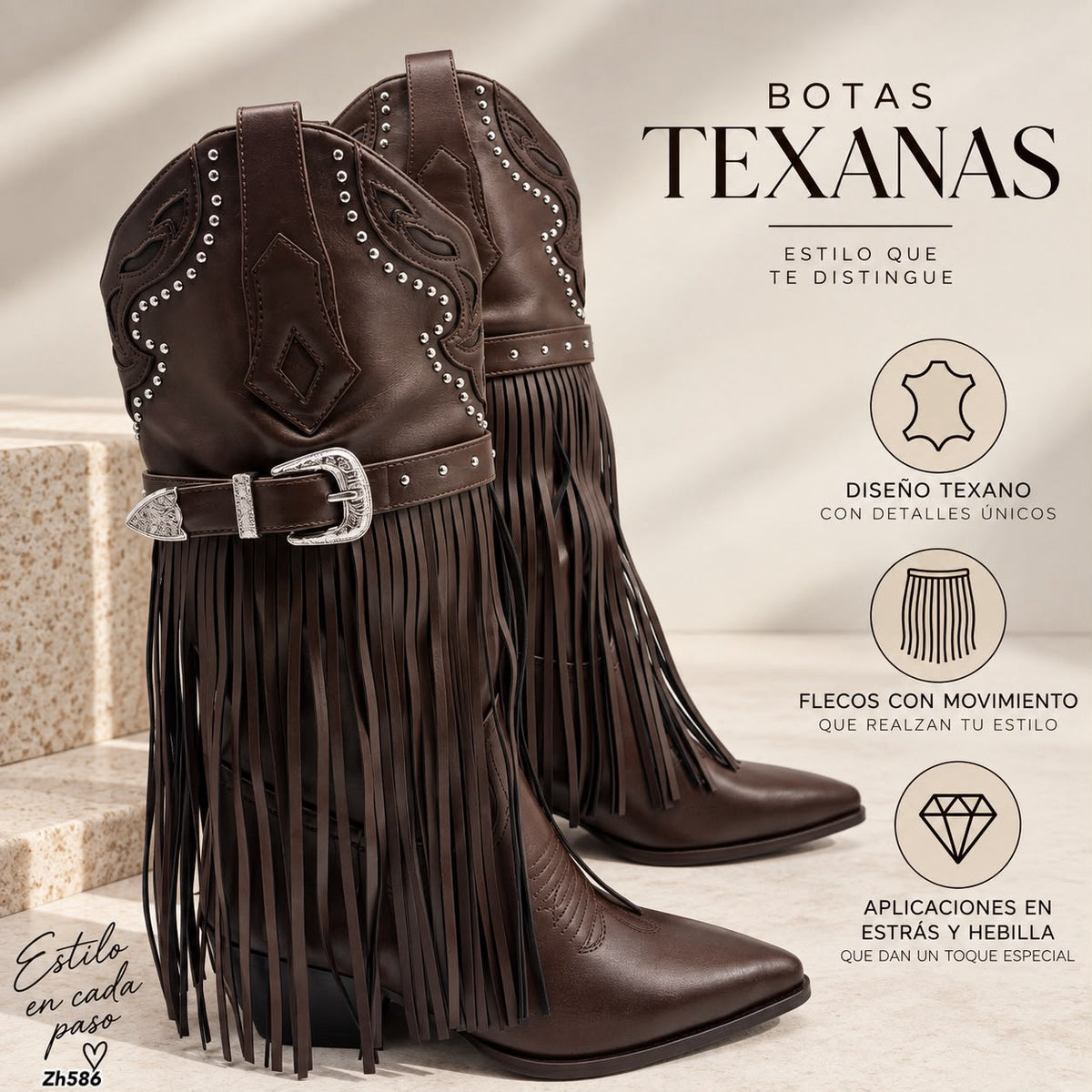 Bota texana café apliques plateado detalle flecos tacon 6cm   HX3325-C1787