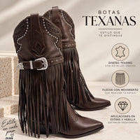 Bota texana café apliques plateado detalle flecos tacon 6cm   HX3325-C1787