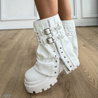 Botin blanco doblez detalle cierre y correa plateado suela 7cm  HX3167-B9572