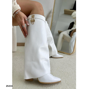 Bota caña alta blanco doblez detalle dorado tacon 9cm  A9532  C-122