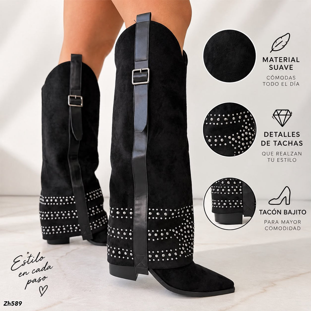 Bota texana negro doblez apliques plateado tacon 8cm  HX3198-B0204