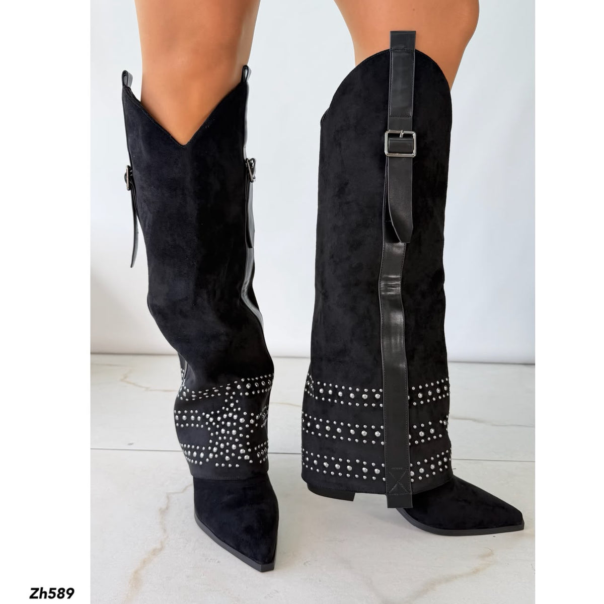 Bota texana negro doblez apliques plateado tacon 8cm  HX3198-B0204