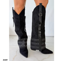 Bota texana negro doblez apliques plateado tacon 8cm  HX3198-B0204