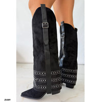 Bota texana negro doblez apliques plateado tacon 8cm  HX3198-B0204