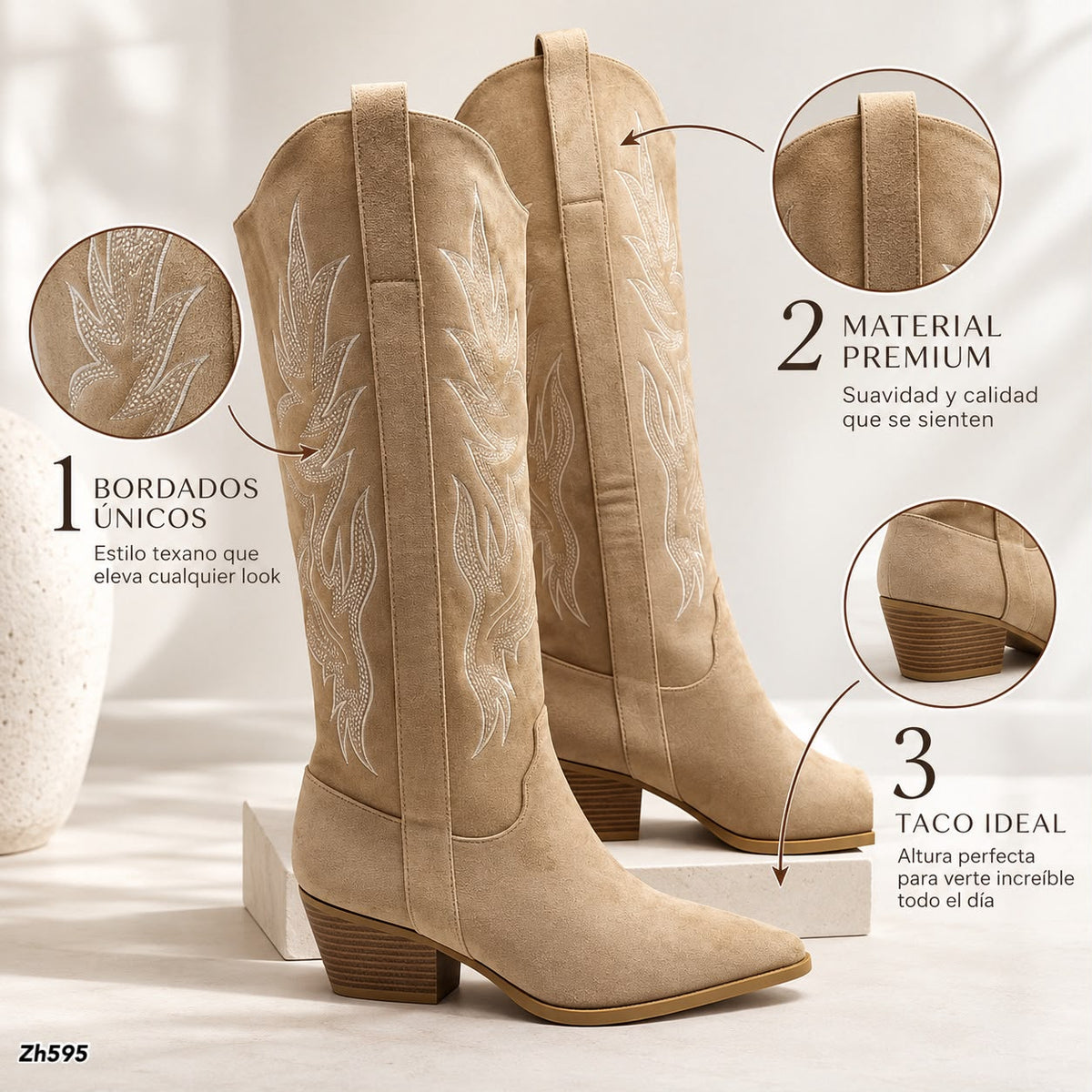 Bota texana beige detalles blanco tacon 6cm  HX3325-C1777