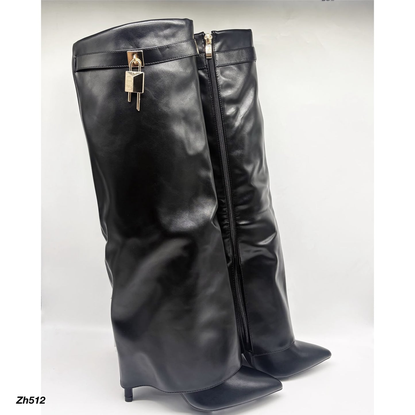 Bota caña alta negro doblez detalle dorado tacon puntilla 10cm   X8496   C-158