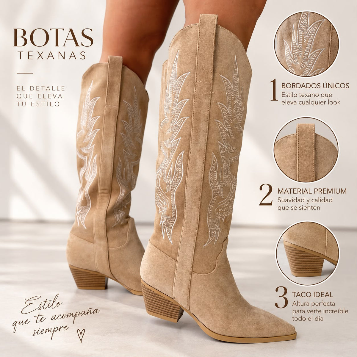 Bota texana beige detalles blanco tacon 6cm  HX3325-C1777