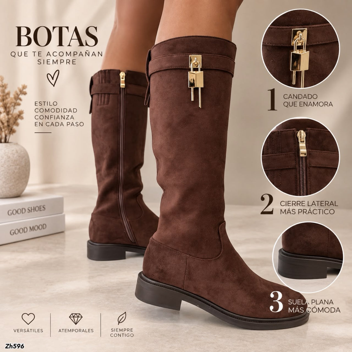 Bota caña alta café detalle dorado tacon 4cm   HX3373-C1799