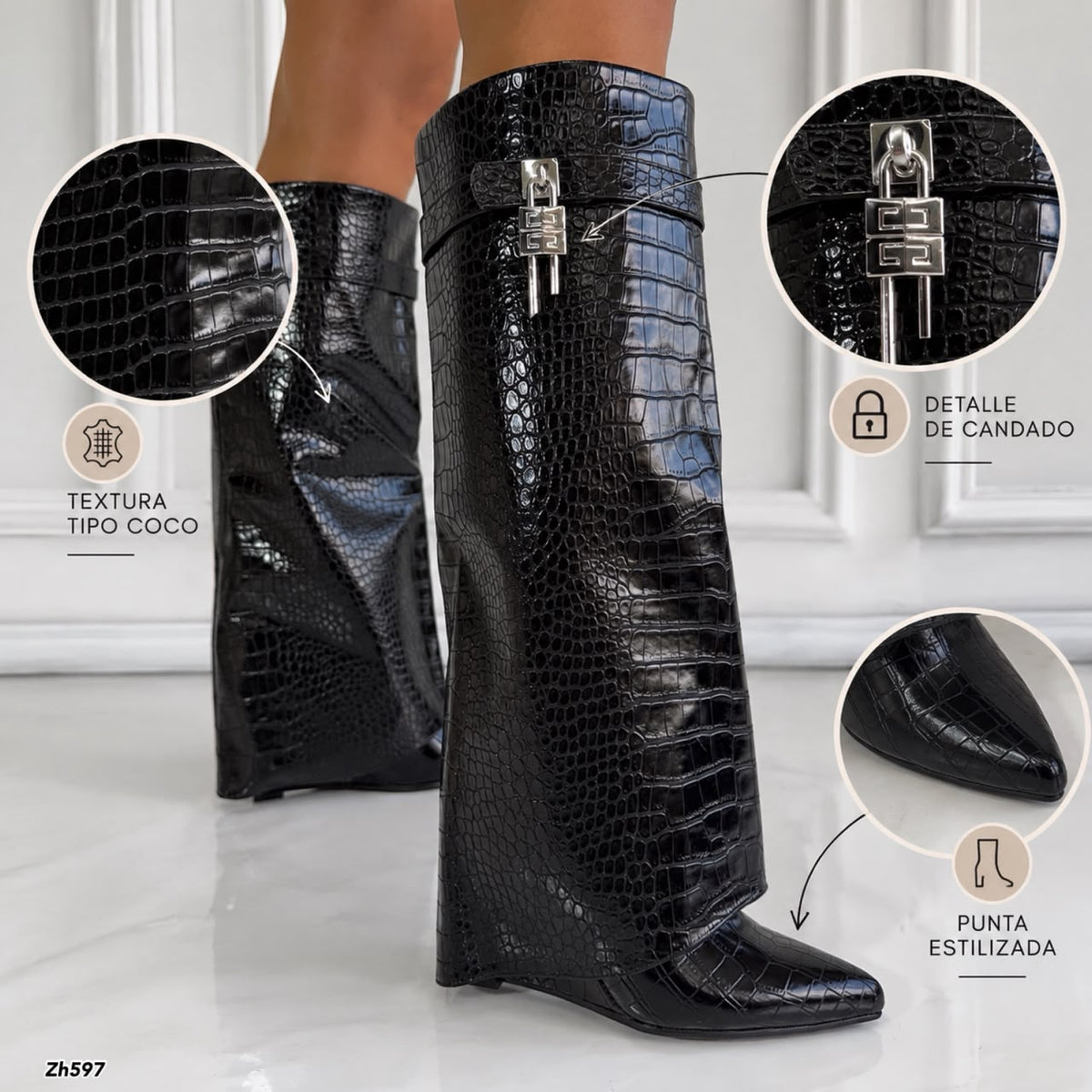 Bota caña alta negro doblez textura detalle plateado tacon corrido 9cm   HX2697-C1179A