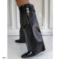 Bota caña alta negro doblez textura detalle plateado tacon corrido 9cm   HX2697-C1179A