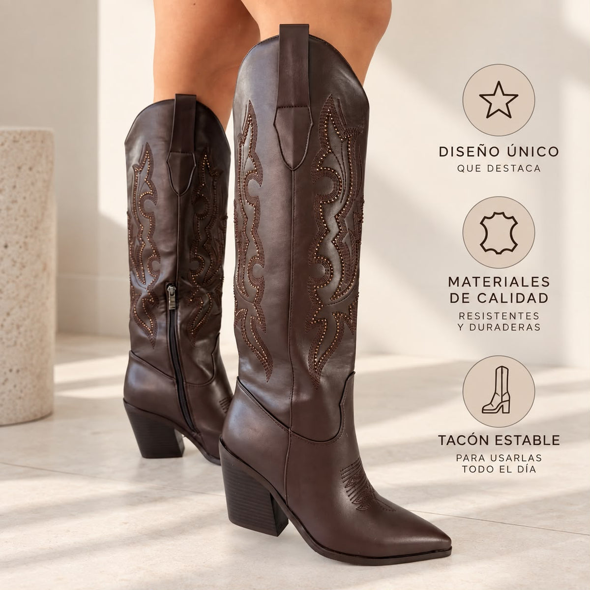 Bota texana café apliques brillante tacon 9cm   HX3371-C1805