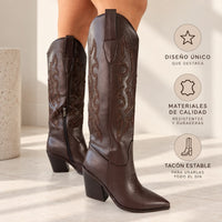 Bota texana café apliques brillante tacon 9cm   HX3371-C1805