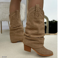 Bota texana beige doblez apliques dorado tacon 6cm  255-074