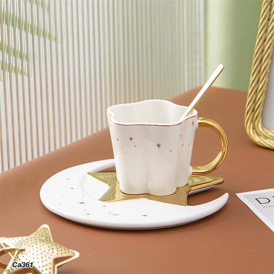 Taza plato luna blanco  detalles dorado 120ml