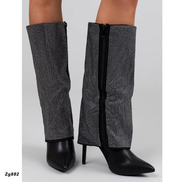Bota caña alta negro doblez apliques plateados tacon puntilla 10cm  BFJ8396   C-21