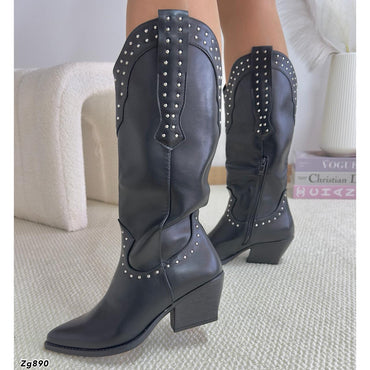 Bota texana negro apliques plateado tacon 6cm  D8227  C-16